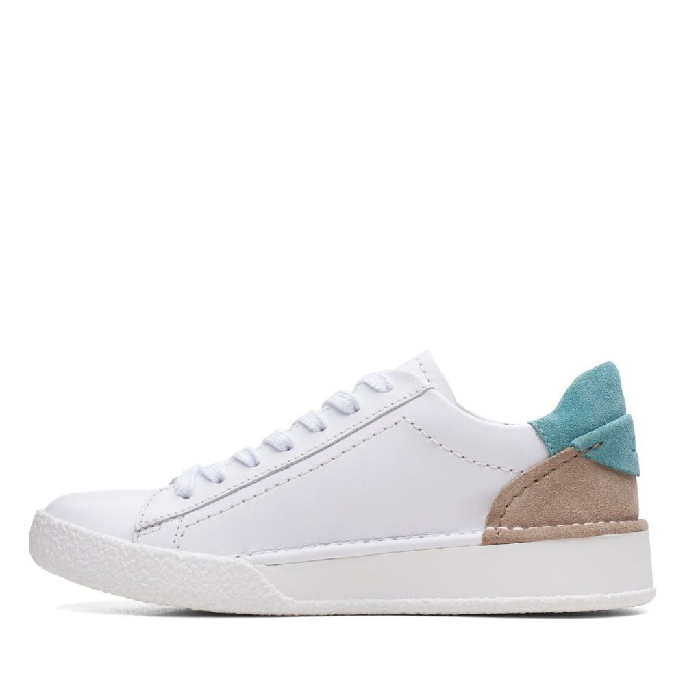Clarks Craft Cup Lace Up Sneakers White with Teal & Taupe Accents